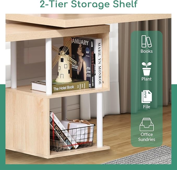 Airdown 55 Inch Reversible L Shaped Home Office Computer Desk with 2-Tier Storage Shelf for Bedroom, Dorm, Study Room, Light Oak