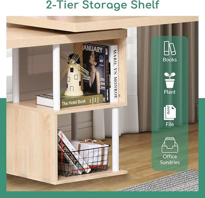 Airdown 55 Inch Reversible L Shaped Home Office Computer Desk with 2-Tier Storage Shelf for Bedroom, Dorm, Study Room, Light Oak