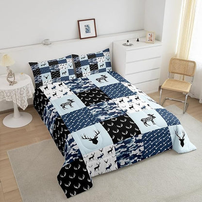 Cute Deer Comforter Set Twin, Military Camo Bedding Set for Kids Boys Teens Bedroom Tribal Animal Antlers Silhouette Quilted Comforter Checkered Plaid Arrows Bedding Comforters, Army Blue and White