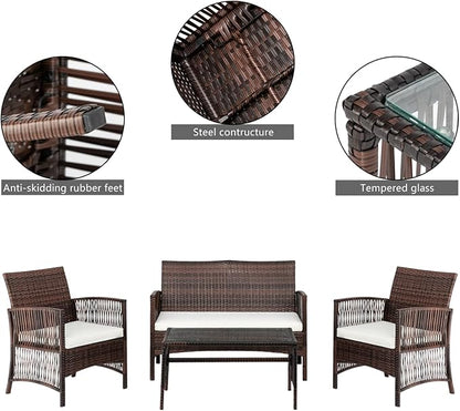 Outvita 4 Pieces Patio Furniture Set, Rattan Conversation Sets with Loveseat Soft Cushion and Glass Table for Garden Backyard Balcony Porch Poolside (Brown)