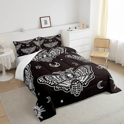 Boys Boho Moth Comforter Set Queen Size Men Gothic Skull Bedding Set for Girls Women Bedroom Decor Bohemian Moon Star Comforter Personalized Moth Skull Skeleton Bones Duvet Set Teens Quilt Set