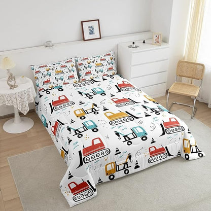 Boys Cartoon Car Comforter Set, Kids Construction Vehicles Comforter for Kids Cartoon Truck Bedding Set Cute Cars Teal Red Yellow Quilt Collection 2Pcs Twin Size Boys