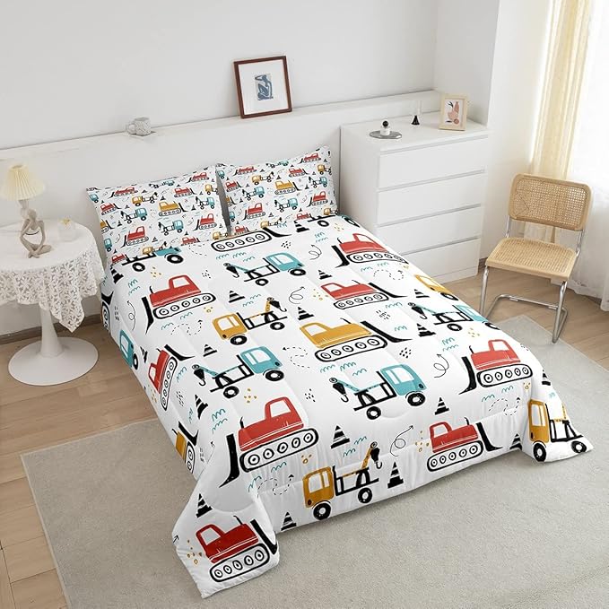Boys Cartoon Car Comforter Set, Kids Construction Vehicles Comforter for Kids Cartoon Truck Bedding Set Cute Cars Teal Red Yellow Quilt Collection 3Pcs Queen Size Boys