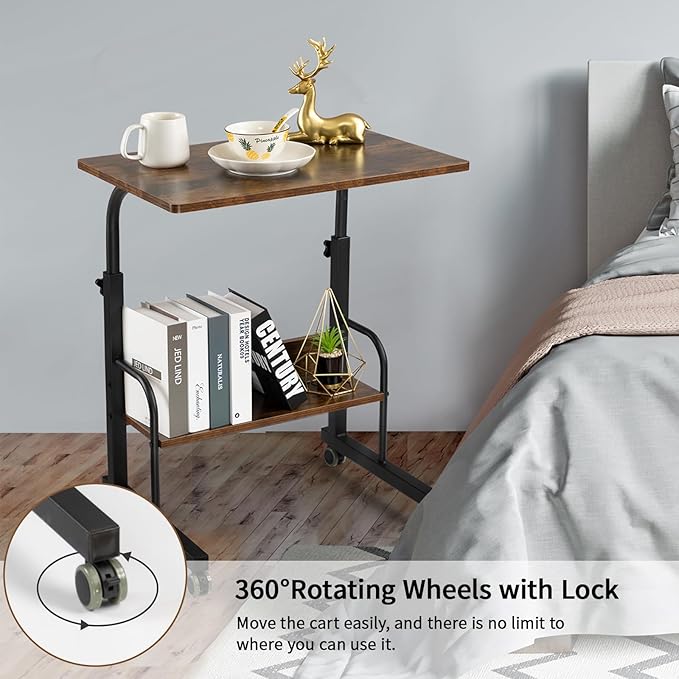 SIDUCAL Mobile Laptop Cart, Rolling Desk Adjustable Height, Rolling Computer Cart, Portable Laptop Desk, Small Adjustable Desk, Rolling Laptop Desk, Small Portable Desk with Wheels 23.6'' Rustic Brown