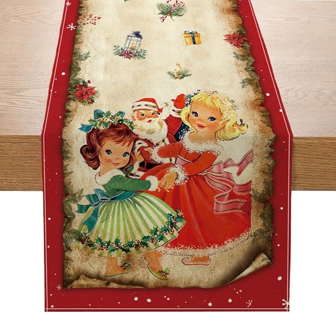 Vintage Christmas Table Runner Christmas Decorations - Red Vintage Style Santa Claus Girls Merry Christmas Winter Xmas Home Kitchen Dining Table Decor, Christmas Party Decorations 13 x 60 Inch