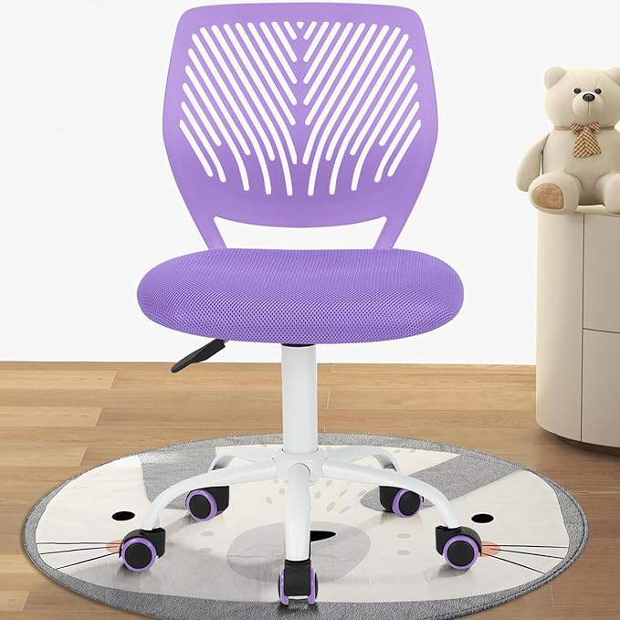 FurnitureR Desk Chair Small Study Chairs Armless for Child Kids Teens, Swivel Rolling Lightweight Mid Back Task Chair with Wheels and Mesh Padded Cushion, Purple