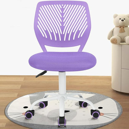 FurnitureR Desk Chair Small Study Chairs Armless for Child Kids Teens, Swivel Rolling Lightweight Mid Back Task Chair with Wheels and Mesh Padded Cushion, Purple