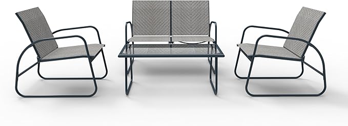 Mapleleaf 4 Pieces Rattan Patio Furniture Set, Outdoor Wicker Conversation Sofa Set, Rattan Chair and Glass Coffee Table for Yard, Pool or Backyard (Grey)