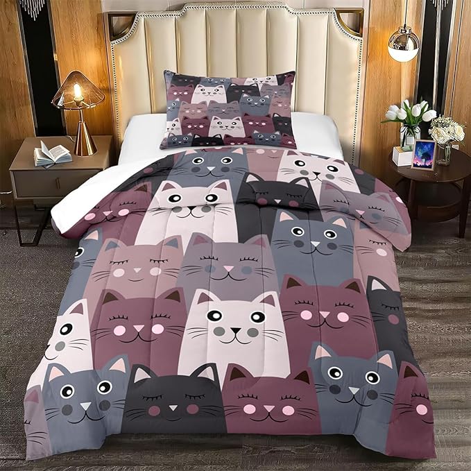 Cat Twin Comforter Set for Bedroom - 2Pcs Grey Cat Comforter Set for Teens Kids Cute Cartoon Cat Bedding Set Ultra Soft Warm Lightweight Kawaii Animal Patterns Comforter with Pillowcase