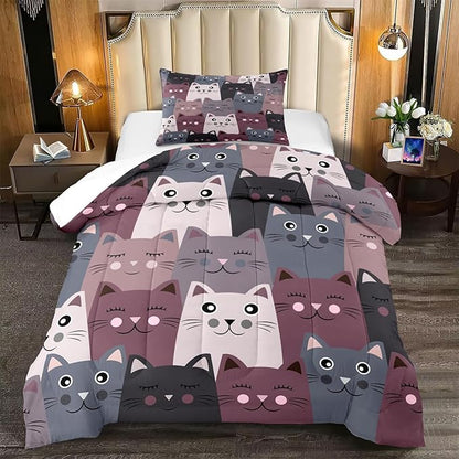 Cat Twin Comforter Set for Bedroom - 2Pcs Grey Cat Comforter Set for Teens Kids Cute Cartoon Cat Bedding Set Ultra Soft Warm Lightweight Kawaii Animal Patterns Comforter with Pillowcase