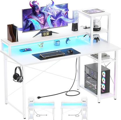 Gaming Desk with Lights & Power Outlets, 39.4' Computer Desk with Shelves, Small Desk for Small Space, Writing Desk with Monitor Stand, White