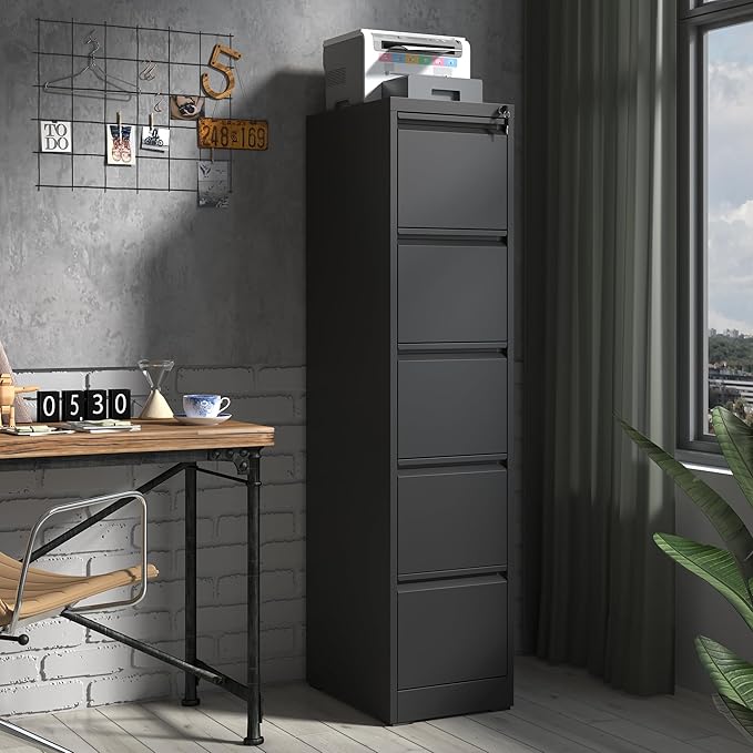 5 Drawer File Cabinet,Metal Filing Cabinets with Lock,Vertical File Cabinet for Home Office,Black Heavy Duty Metal Storage Cabinet for A4/Letter/Legal Size File,Assembly Required