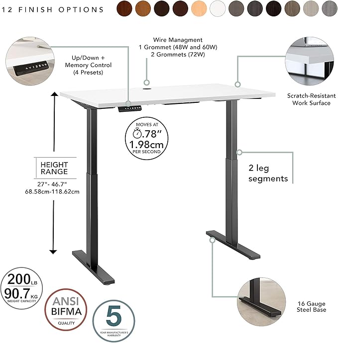 Bush Business Furniture Move 60 Electric Ergonomic Sit-Stand Computer Table for Home and Professional Office, 48W x 24D, White