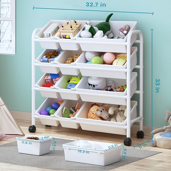 Kids Toy Storage Organizer with 12 Plastic Bins, 4-Tier Metal Toy Storage Rack, Metal Toy Organizer with Storage Bins for Kids Room, Playroom and Nursery, White