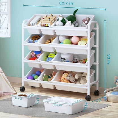 Kids Toy Storage Organizer with 12 Plastic Bins, 4-Tier Metal Toy Storage Rack, Metal Toy Organizer with Storage Bins for Kids Room, Playroom and Nursery, White