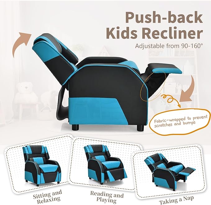 RACER Larger Kids Gaming Chair Leather Recliner Sofa Children Ages 3-12, BlackBlue