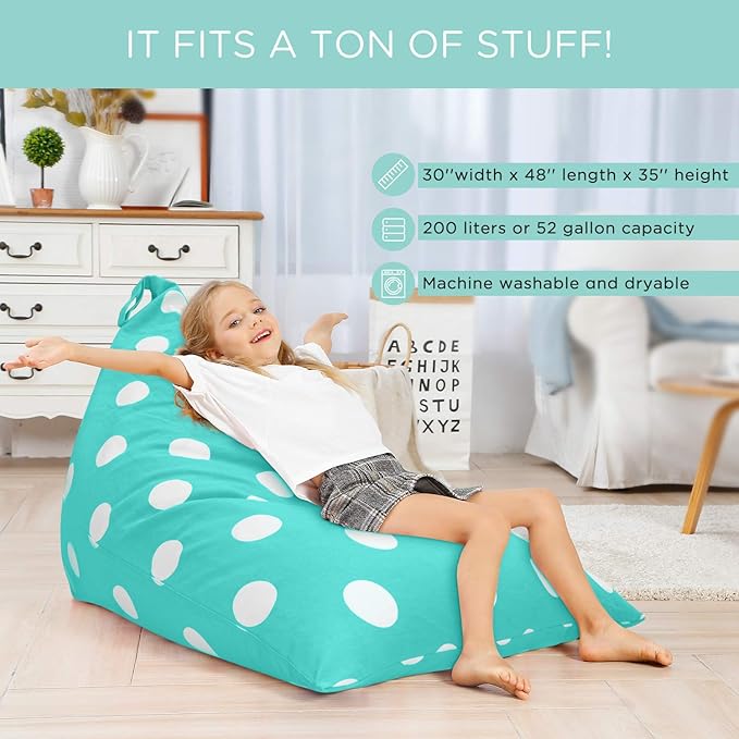 Aubliss Stuffed Animal Storage Bean Bag Chair Cover, 50"x 35" Extra Large Bean Bags for Kids & Adults, Beanbag Toy Storage for Boys Girls - Premium Cotton Canvas Aqua Dot