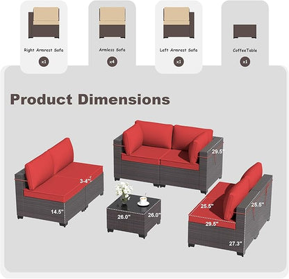 Outdoor Furniture Set 7PCS Patio Furniture for Backyard Wicker Sectional Sofa Set 6 Seats, PE Rattan Outdoor Conversation Set with Thickened Cushions and Glass Coffee Table, Red