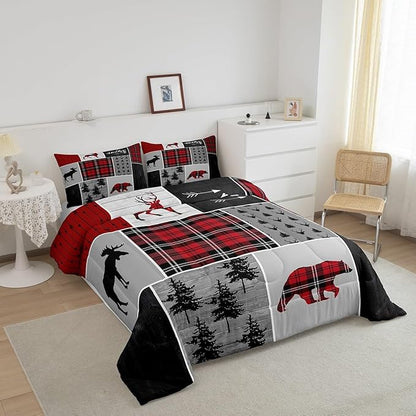 Deer Antlers Bear Kids Comforter Set Twin Size,Plaids Boho Arrows Patchwork Bedding Set for Boys Girls Adults Room Decor,Rustic Adventure Xmas Down Comforter,Red Retro Duvet Insert,1 Pillowcase