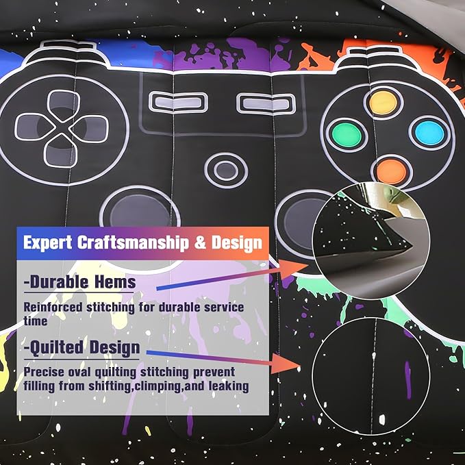 JQinHome Twin Gamer Comforter Sets for Boys&Girls ,6 Piece Bed in A Bag 3D Video Game Bedding -All Season Microfiber Gamer Bedding Sets for Kids, with Pillowcase, Flat & Fitted Sheet,Cushion Cover