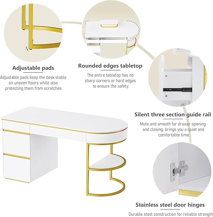 NicBex Laik-DW-00036-DX Desks, 60" W x 26.1" D x 31.9" H, Gold+White