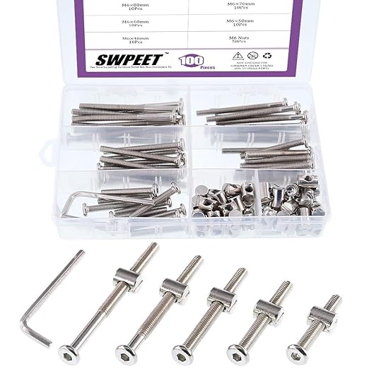 Swpeet 100Pcs Crib Hardware Screws, Nicked Plated M6 × 40/50/60/70/80mm Hex Socket Head Cap Crib Baby Bed Bolt and Barrel Nuts with 1 x Allen Wrench Perfect for Furniture, Cots, Crib Screws