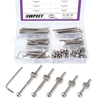 Swpeet 100Pcs Crib Hardware Screws, Nicked Plated M6 × 40/50/60/70/80mm Hex Socket Head Cap Crib Baby Bed Bolt and Barrel Nuts with 1 x Allen Wrench Perfect for Furniture, Cots, Crib Screws