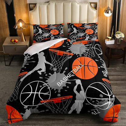 Basketball Bedding Set Tie Dye Down Comforter Passionate Sports Games Comforter Set for Kids Boys Man Jumping Up Shooting Action Quilt Set with 1 Comforter and 2 Pillow Cases Queen Size Orange Black