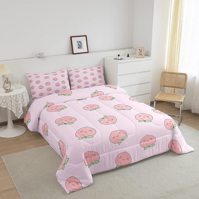Erosebridal Cute Peach Comforter Set Full Size Kids Girls Comforter Cartoon Fruit Room Decor Duvet Set Reversible,Teens Women Pink Down Comforter with 2 Pillowcases, Kawaii Fruit Comforter
