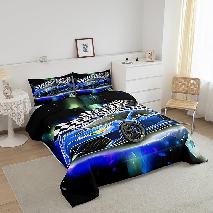Feelyou Blue Racing Car Comforter Set Queen Size, Fast and Furious Extreme Sport Games Bedding Sets for Kids Boys Teens,Sports Car Bed in A Bag,Cool Modern Duvet Insert with 2 Pillowcases