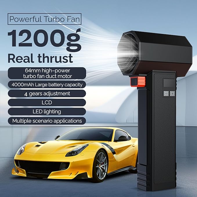 Oversize Car Dryer Air Blower Turbo Fan, Instantaneous Thrust 1.20KG/S, 4 Speeds, 4000mAh, 64MM Super Electric Cordless Leaf Blower for Patio Cleaning, Lawn Careand Car Drying