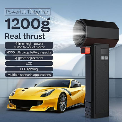 Oversize Car Dryer Air Blower Turbo Fan, Instantaneous Thrust 1.20KG/S, 4 Speeds, 4000mAh, 64MM Super Electric Cordless Leaf Blower for Patio Cleaning, Lawn Careand Car Drying