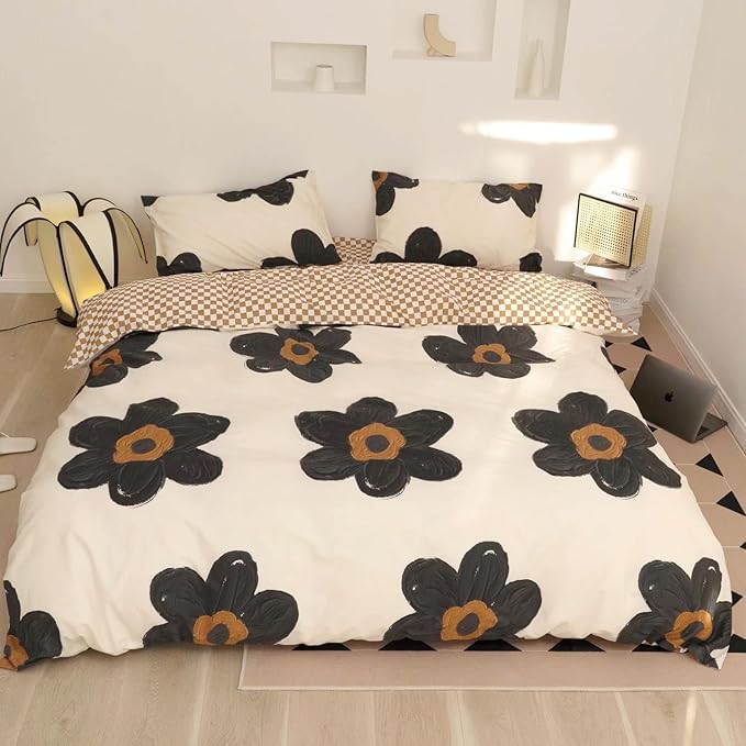 Black and White Comforter Set Black Floral Bedding King Comforter Set Hand-Drawn Flowers Cotton Women Modern Elegant Chic Quilts Blankets Lightweight Black Flower Reversible Bed Comforter Set