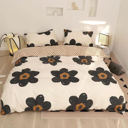 Black and White Comforter Set Black Floral Bedding Cal King Comforter Set Black Flowers Cotton Women Modern Elegant Chic Quilts Blankets Lightweight Black Flower Reversible Bed Comforter Set