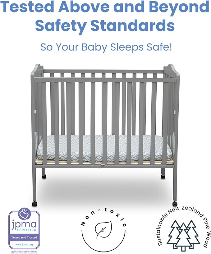 Delta Children Folding Portable Mini Baby Crib with 1.5-inch Mattress - Greenguard Gold Certified, Grey