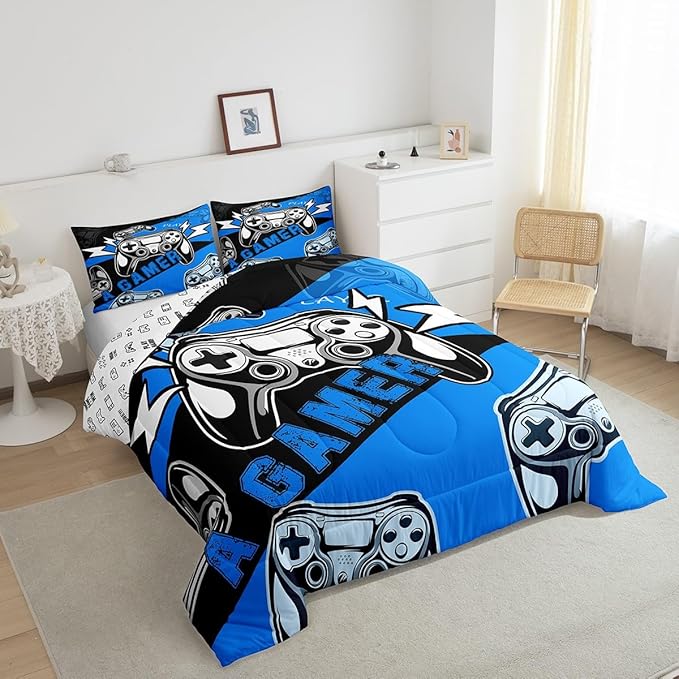 Erosebridal Gaming Comforter Sets for Boys Kids Video Game Comforter Set,Gamer Bedding Set Blue Black Quilt Duvet Set Men Boys Bedroom Decor,King Size 3Pcs