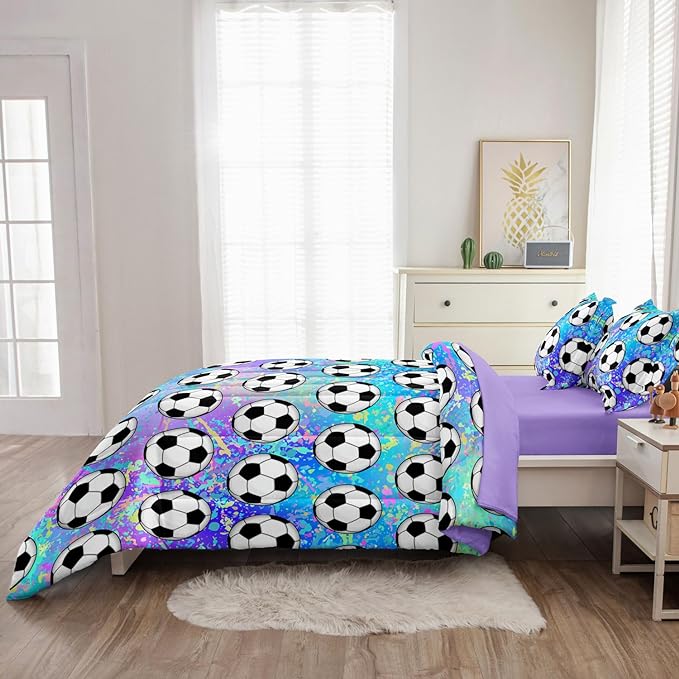 4 Piece Girls Soccer Bedding Set Twin Size Colorful Soccer Comforter Set for Teen Girls Kids Twin Bed in a Bag Set with Sheets Twin Bed Sets for Teenage