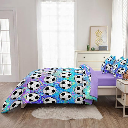 4 Piece Girls Soccer Bedding Set Twin Size Colorful Soccer Comforter Set for Teen Girls Kids Twin Bed in a Bag Set with Sheets Twin Bed Sets for Teenage