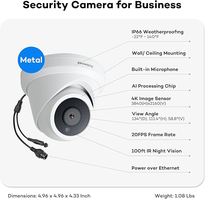 ONWOTE 16 Channel 4K PoE Security Camera System, 12MP 16CH Commercial NVR 4TB, 16x 8MP 134° Outdoor IP Cameras with Audio, AI Detect Human Vehicle, 100ft 60ft Ethernet Cables, Wired CCTV for Business