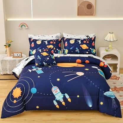 Spaceship Comforter Set Full Size, 8 Piece Bed in a Bag Rocket Space Bedding Sets for Boys Girls Kids