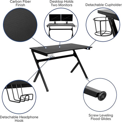 Flash Furniture Duncan Gaming Desk 45.25" x 29" Computer Table Gamer Workstation with Headphone Holder and 2 Cable Management Holes, Set of 1,Black
