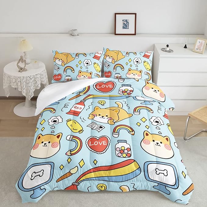 Datura home Kids Comforter Set Kawaii Dogs Bedding Cute Shiba Inu Corgi Printed Pattern Decor with 1 and 2 Pillowcases for Boys Girls All Season(Blue Inu), Twin 68x86inches