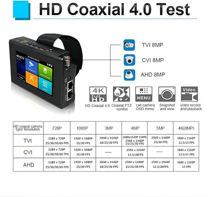 EVERSECU 5 in 1 CCTV Tester with Cable Tracer Support Up to 4K IP Camera & 8mp Megapixel AHD, TVI, CVI & CVBS Analog Camera, Security Video Monitor with 4" Touch Screen, POE Out, WiFi Test, PTZ Test