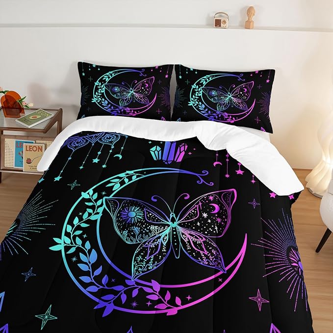 HOSIMA Butterfly Comforter Set 3Piece with 2 Pillowcases,Black Comforter Butterfly Aesthetics Room Decor,Boho Mandala Comforter Butterfly Bedding Set for Girls,Bohemian King Size Comforter Set.
