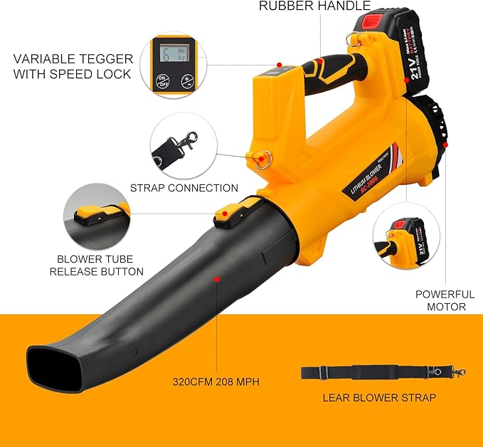Cordless Leaf Blower - 320CFM 208MPH 21V Electric Handheld Leaf Blower with 5.2Ah Battery and Charger, 6 Variable Speed Leaf Sweeper for Leaves, Snow Debris, Dust, Yard Cleaning (Yellow)