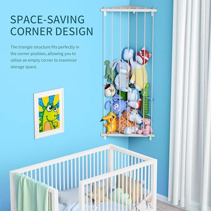 Stuffed Animal Storage Toy Organizer: Corner Stuff Animals Holder for Wall with Adjustable Length - Kids Plush Toys Storage for Nursery Playroom Bedroom Kids Room(Gray)