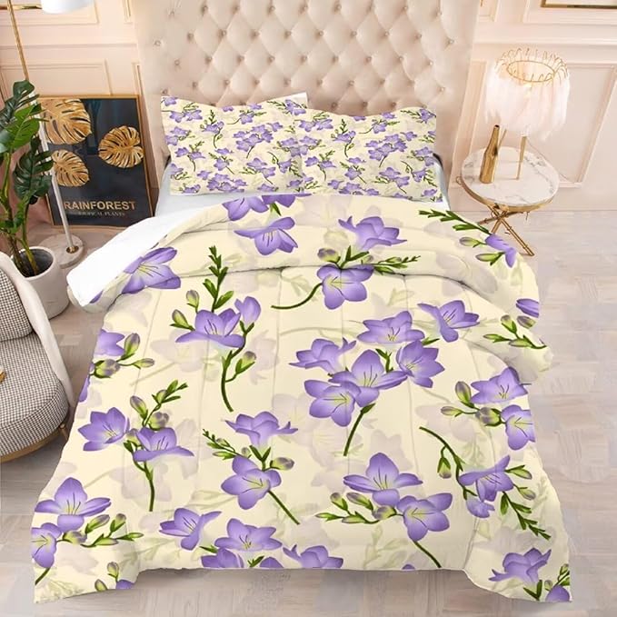 kxry Purple Flower Comforter Sets Bedding Sets Full Size Comforter Set for Girls Women Kids 1 Comforter + 2 Pillow Case