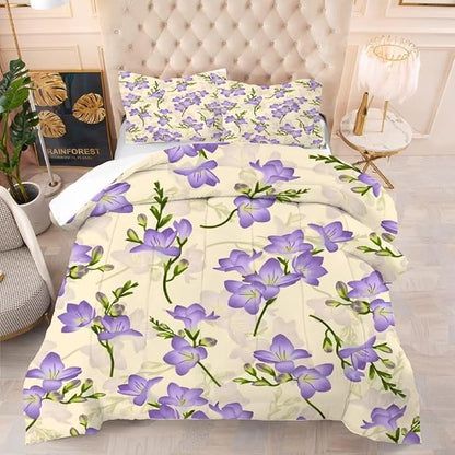 kxry Purple Flower Comforter Sets Bedding Sets Full Size Comforter Set for Girls Women Kids 1 Comforter + 2 Pillow Case