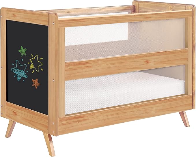 BreathableBaby Breathable Mesh 3-in-1 Convertible Crib (Toddler Bed Kit Sold Separately) — Beech & Chalkboard — Two Adjustable Mattress Heights — Greenguard Gold Certified