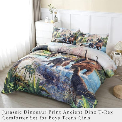 WINLIFE Dinosaur Comforter Set Queen Kids Dinosaur Bedding Set Jurassic Jungle Dino Comforter Sets for Boys Teens, Lightweight Easy Care Bed Linen Set (3 Pieces, Queen)